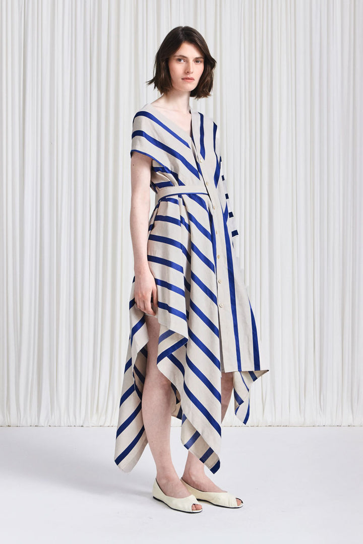 The Cascade Dress in Blue Linen Awning Stripe – palmer//harding