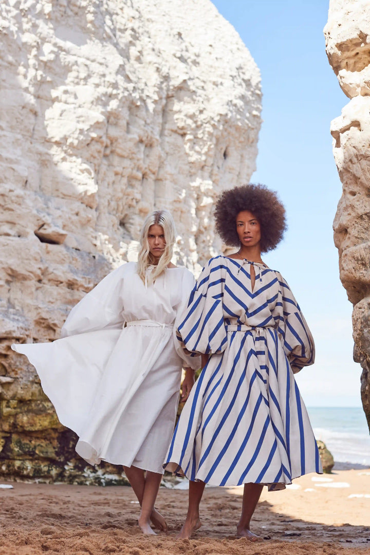The Sonnet Dress in Blue Linen Awning Stripe – palmer//harding